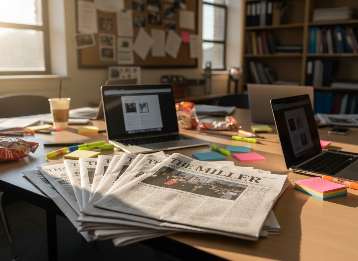 A freshly printed stack of school newspapers with the bold masthead of “The Miller” partially visible at the top page, neatly fanned out across a light wood table in a bright high school newsroom. Around the papers, open laptops, color-coded sticky notes, and highlighter pens create an organized yet busy workspace. Afternoon sunlight streams through large windows, casting clean, diagonal shadows over the newsprint and emphasizing the crisp texture of the pages. Photographic realism, eye-level perspective, and a shallow depth of field keep the focus on the front page while the background of bulletin boards and bookshelves fades into a soft, academic blur, conveying a professional but energetic student journalism atmosphere.