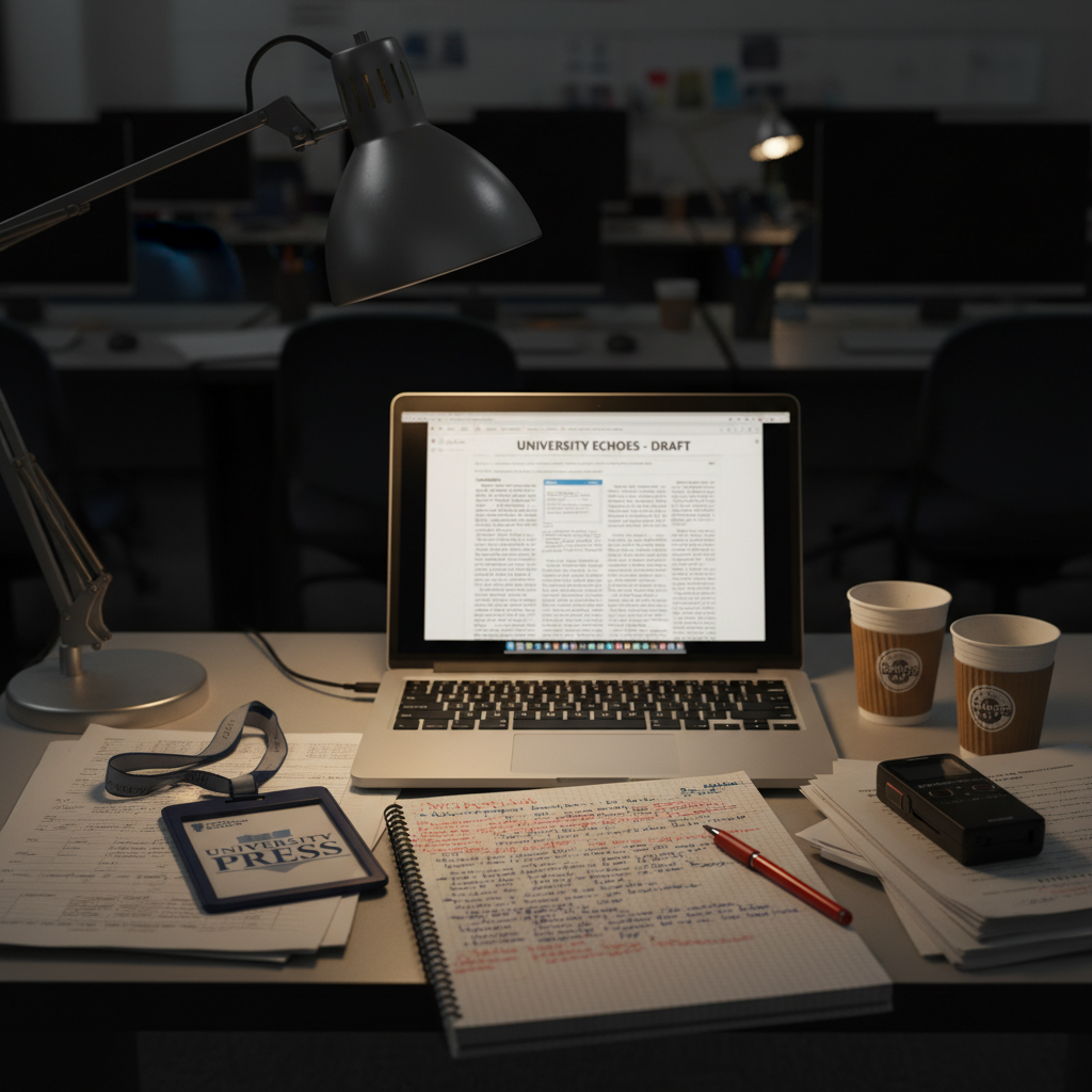 A close-up, photographic realism shot of a cluttered student editor’s desk during layout night, featuring an open laptop displaying a draft article, a spiral-bound notebook filled with handwritten edits, a red pen resting across the margin, and a school-branded lanyard coiled beside it. Empty paper coffee cups and a digital voice recorder sit off to the side, hinting at long reporting sessions. The scene is lit by a single adjustable desk lamp, casting a focused pool of warm light on the keyboard and notes while the surrounding newsroom fades into a gentle shadowy blur. Shot from a slightly elevated angle with shallow depth of field, the mood is industrious, focused, and authentically behind-the-scenes.