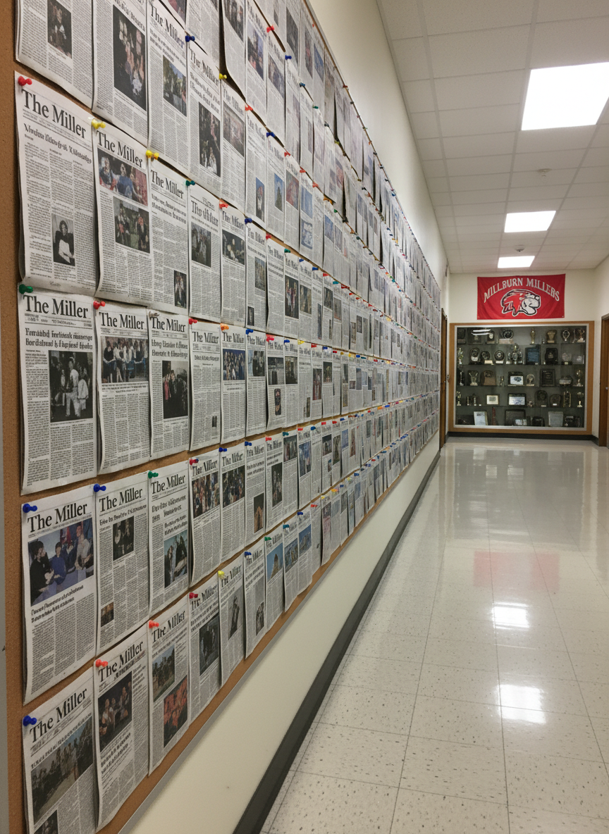 A long cork bulletin board lining a hallway in Millburn High School, filled with pinned copies of front-page spreads from different issues of The Miller, each layout neatly aligned with colorful pushpins. The polished tile floor reflects overhead fluorescent lighting, creating a subtle sheen that leads the eye down the corridor. At one end, a glass trophy case and a school banner add context without drawing focus. Captured in photographic realism from a slightly low, angled perspective, the composition uses leading lines and sharp focus throughout to create a professional, institutional mood that highlights the history and evolution of the student newspaper.