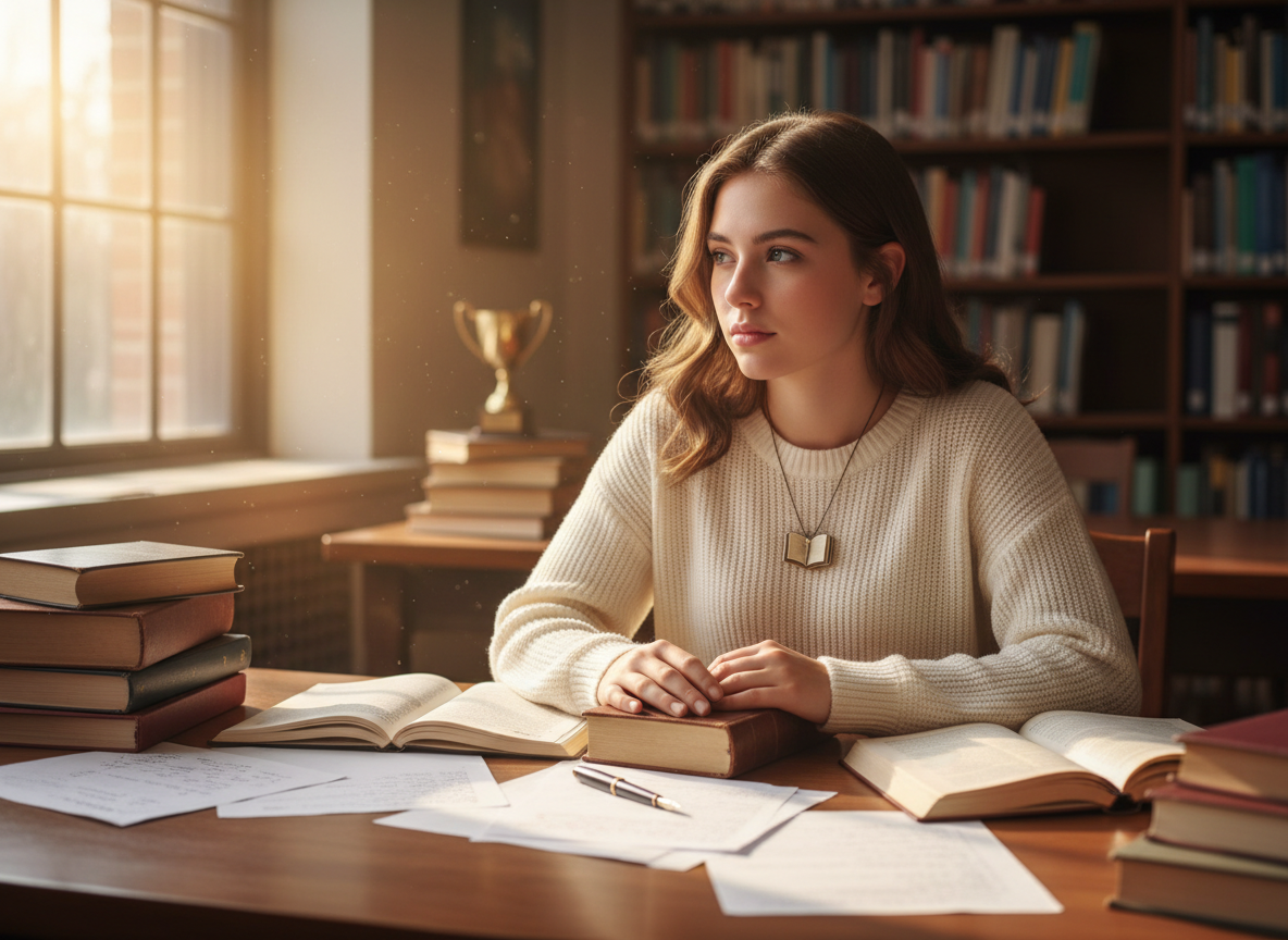 A high school student profile portrait, a young woman sitting at a desk in a bright school library, books and papers around her, natural light from a window, photographic realism, warm academic atmosphere, shallow depth of field, conveying achievement and thoughtfulness